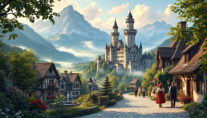 A scenic view of Schwangau with Neuschwanstein Castle in the background.