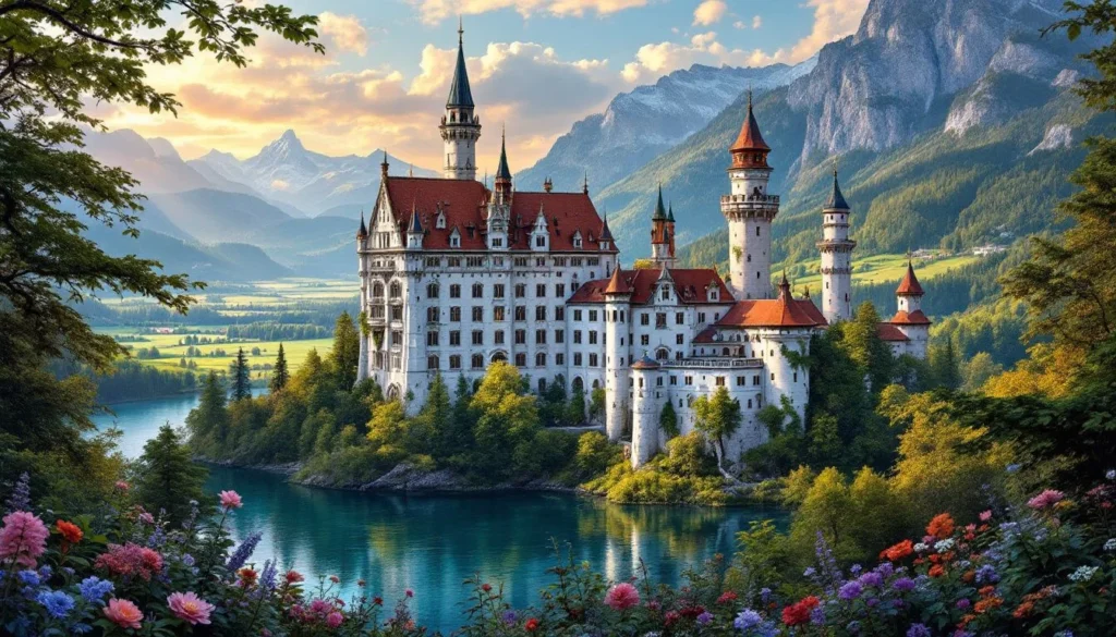A historical view of Neuschwanstein Castle, highlighting its architectural beauty.