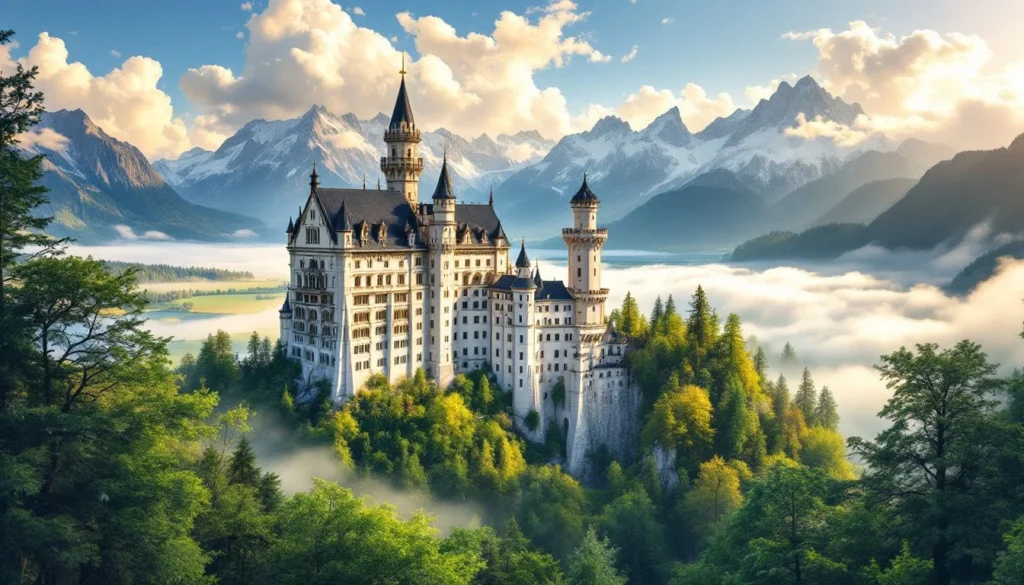 A stunning view of Neuschwanstein Castle, a fairytale castle, from a distance.