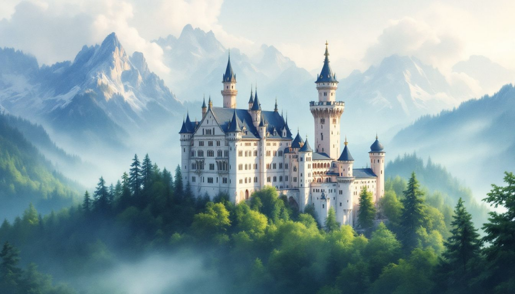 A close-up of Neuschwanstein Castle with its stunning architecture.