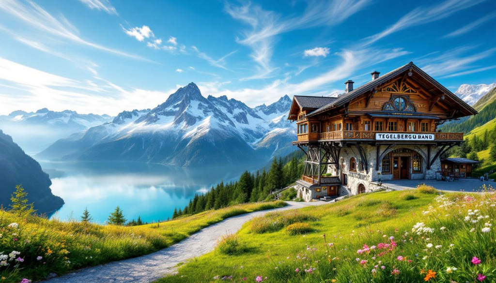 A view of the Tegelbergbahn cable car station surrounded by the Bavarian Alps.