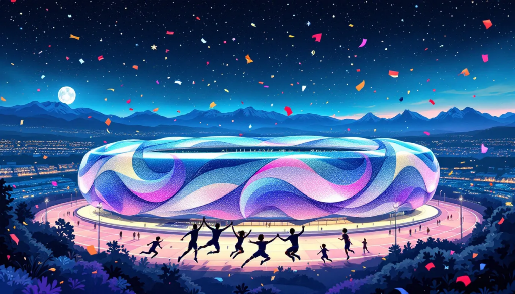 The iconic Allianz Arena, a landmark stadium in Munich, illuminated at night.