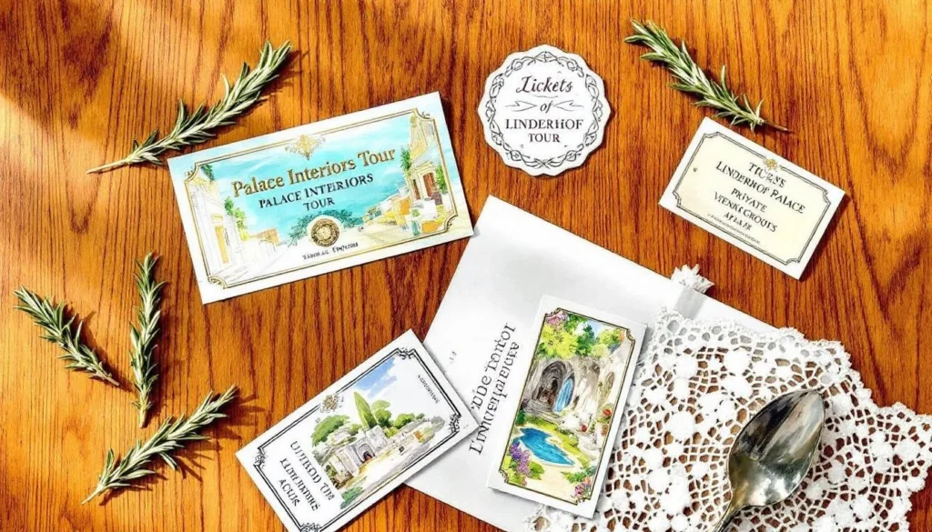 A close-up of tickets for various tours at Linderhof Palace.