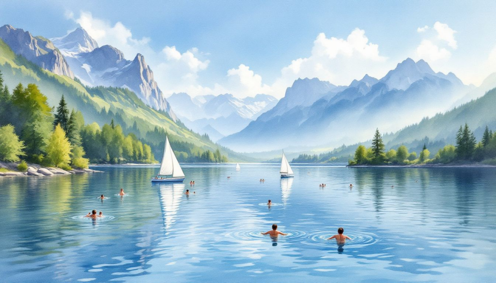 People enjoying various activities on Alpsee Lake, including boating and swimming.