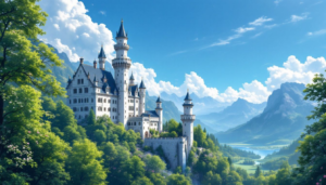 The majestic Neuschwanstein Castle against a blue sky.