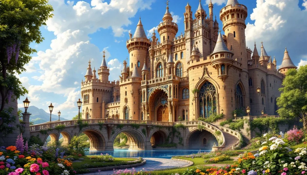 A beautiful view of a fairy tale castle resembling Cinderella Castle.