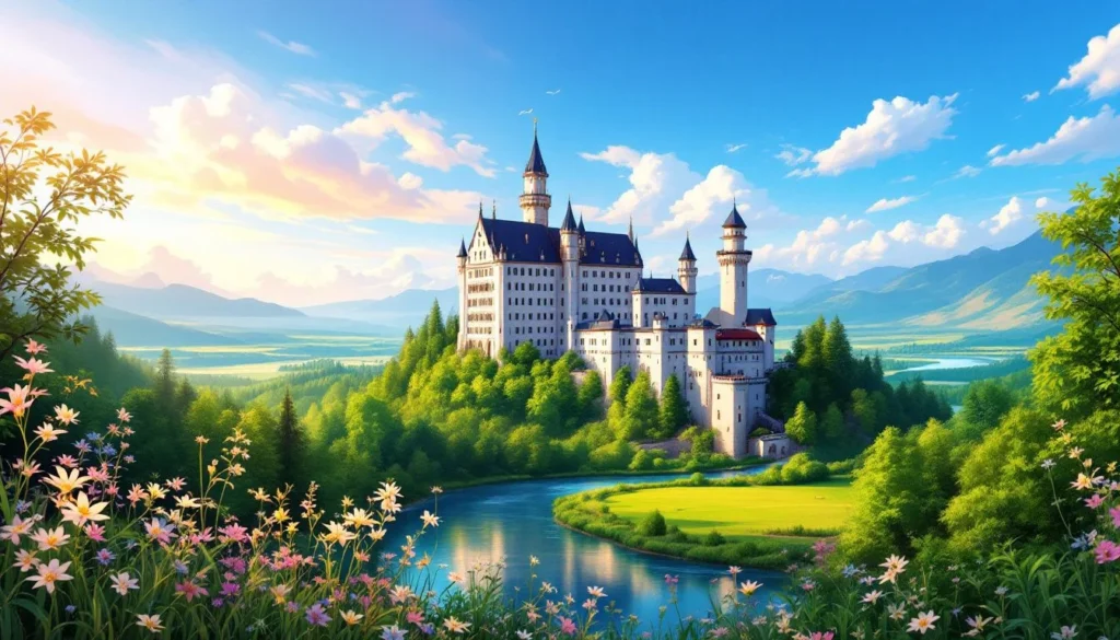 A breathtaking view of Neuschwanstein Castle from Queen Mary's Bridge, showcasing its majestic landscape.