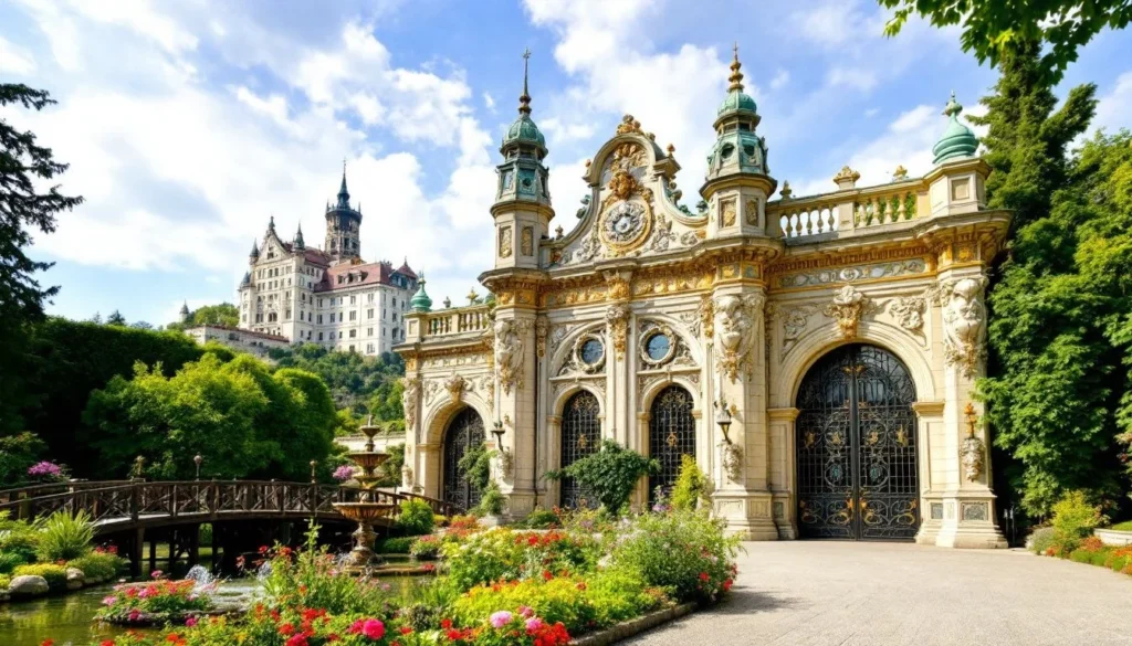 An inviting entrance to the Linderhof Palace complex, perfect for visitors exploring the park.
