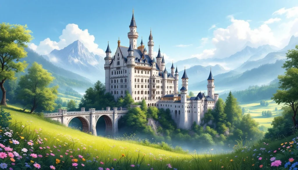 A scenic view of Neuschwanstein Castle, showcasing its fairytale architecture and surrounding landscape.
