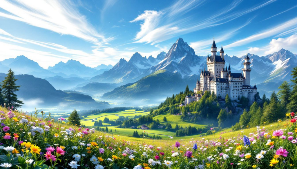 A scenic view of Neuschwanstein Castle from the Tegelberg mountain area.