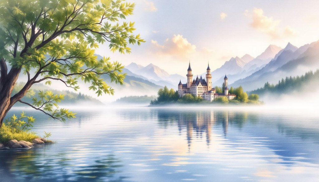 A scenic view of Schwansee with Neuschwanstein Castle in the background.