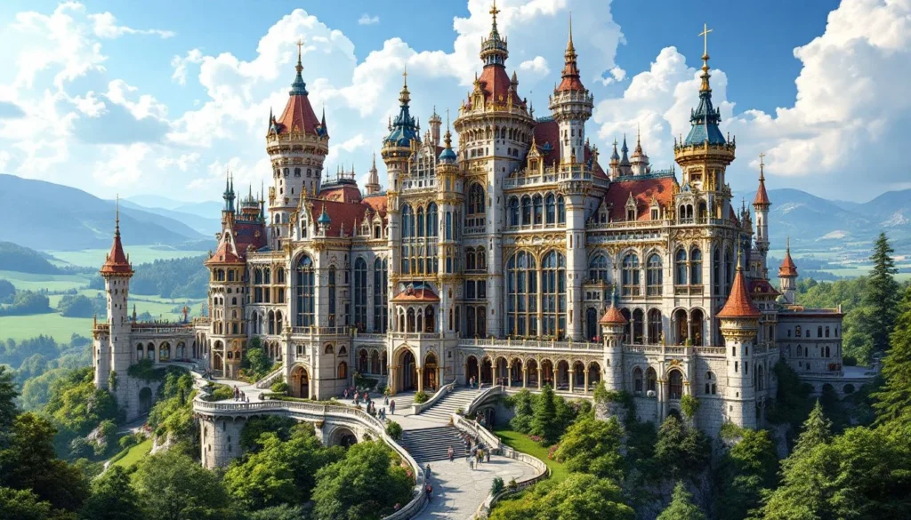 An ornate palace reminiscent of Ludwig II's architectural style, showcasing its grandeur.