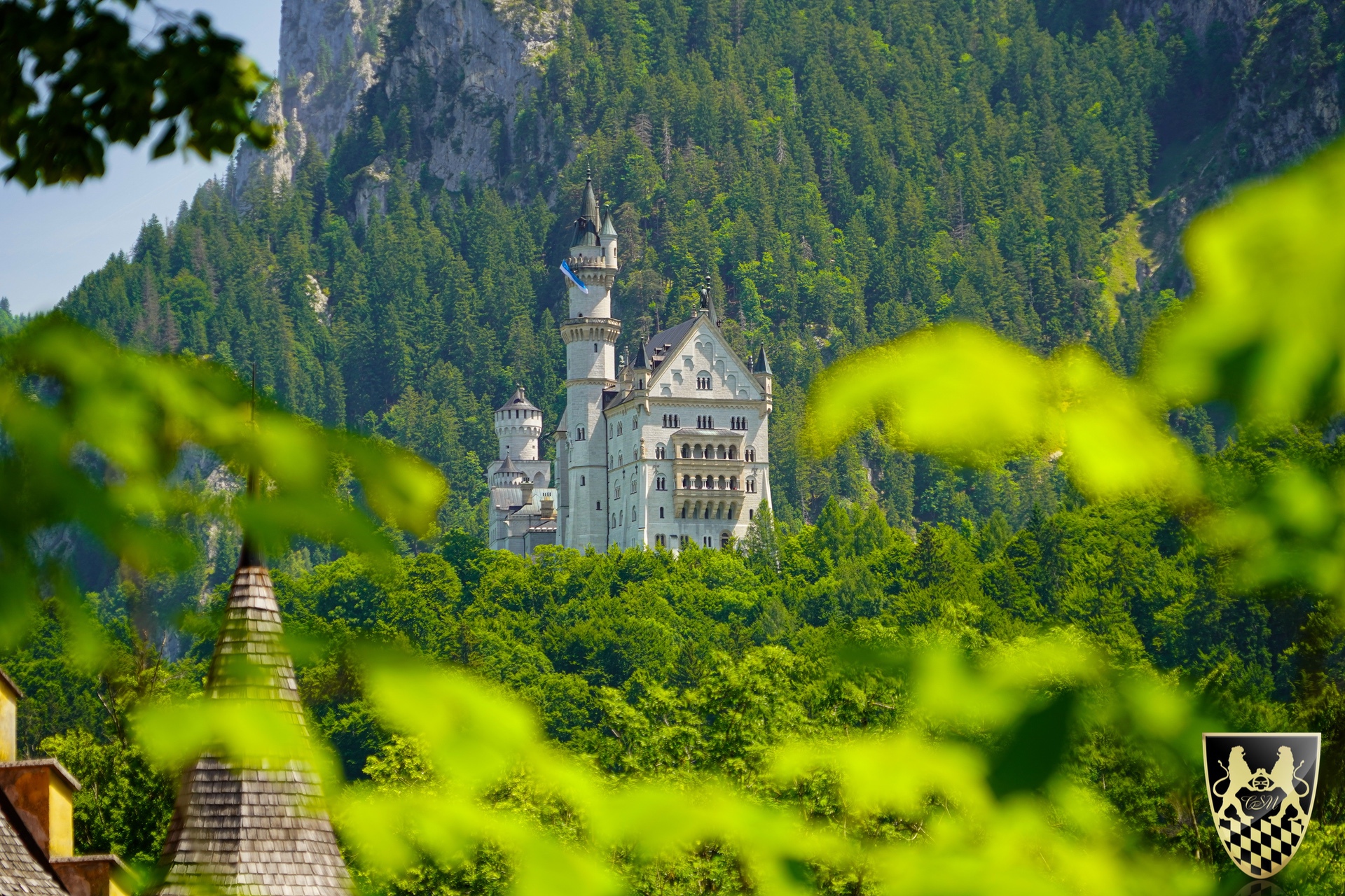 Castle nestled in a forested mountain landscape with a shield emblem in the corner.