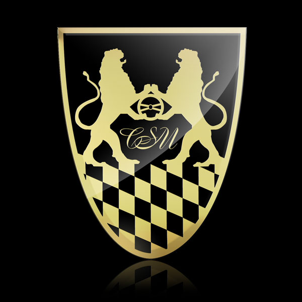 Gold shield with two lions and checkerboard pattern on black background.