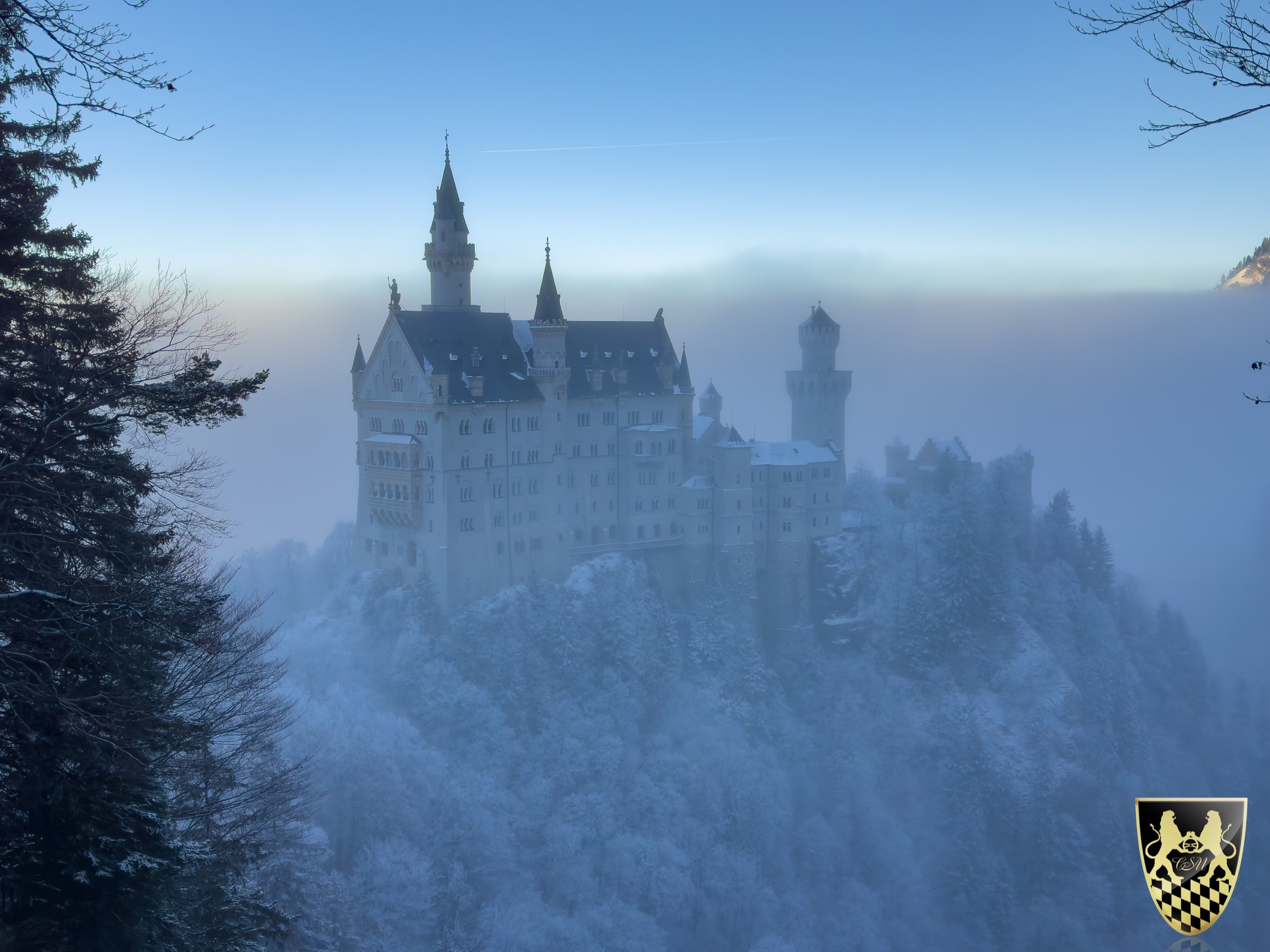 A castle amid snowy trees and mist with clear sky above.
