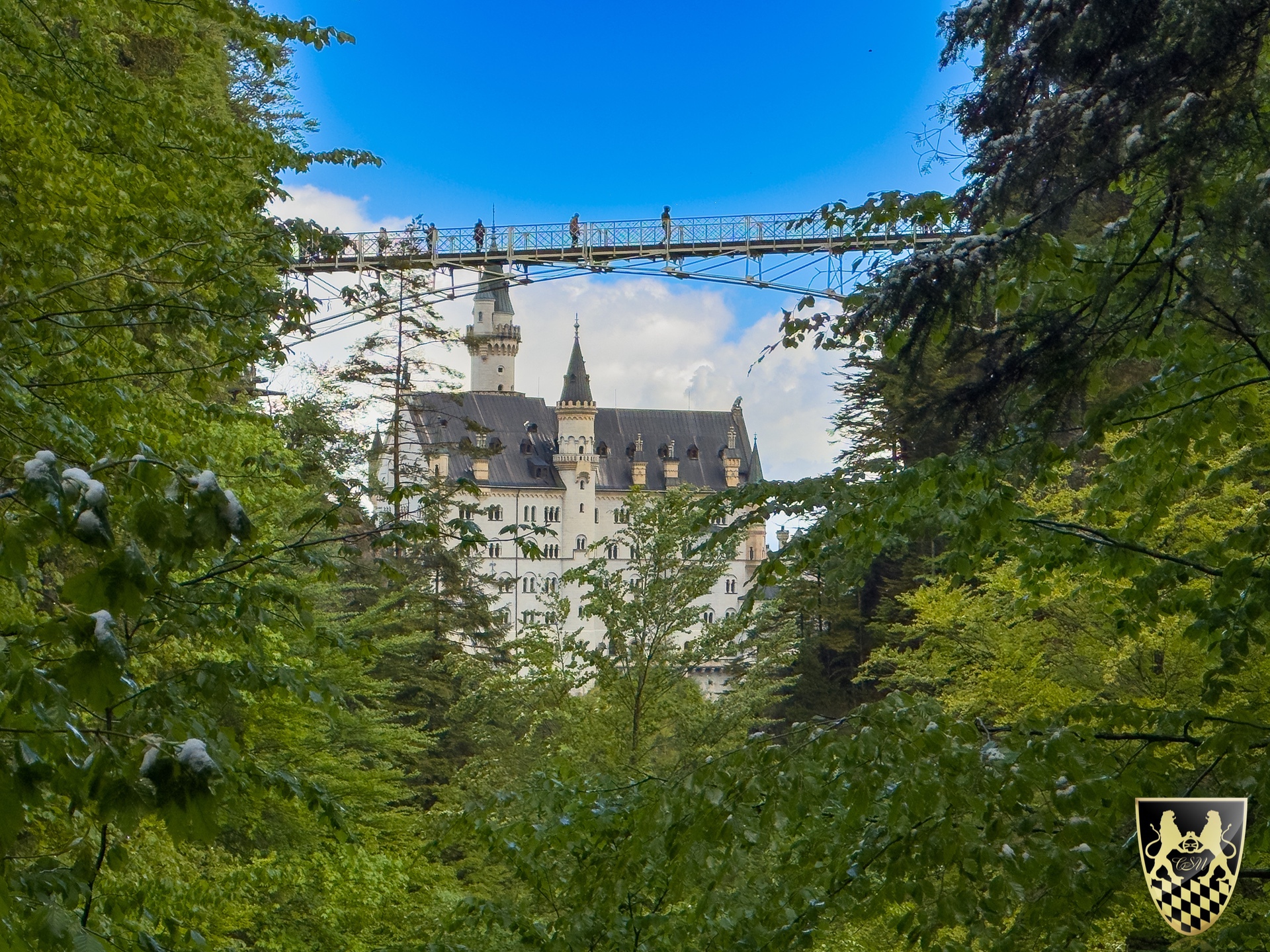 Castle behind lush trees with a bridge above, under a blue sky.