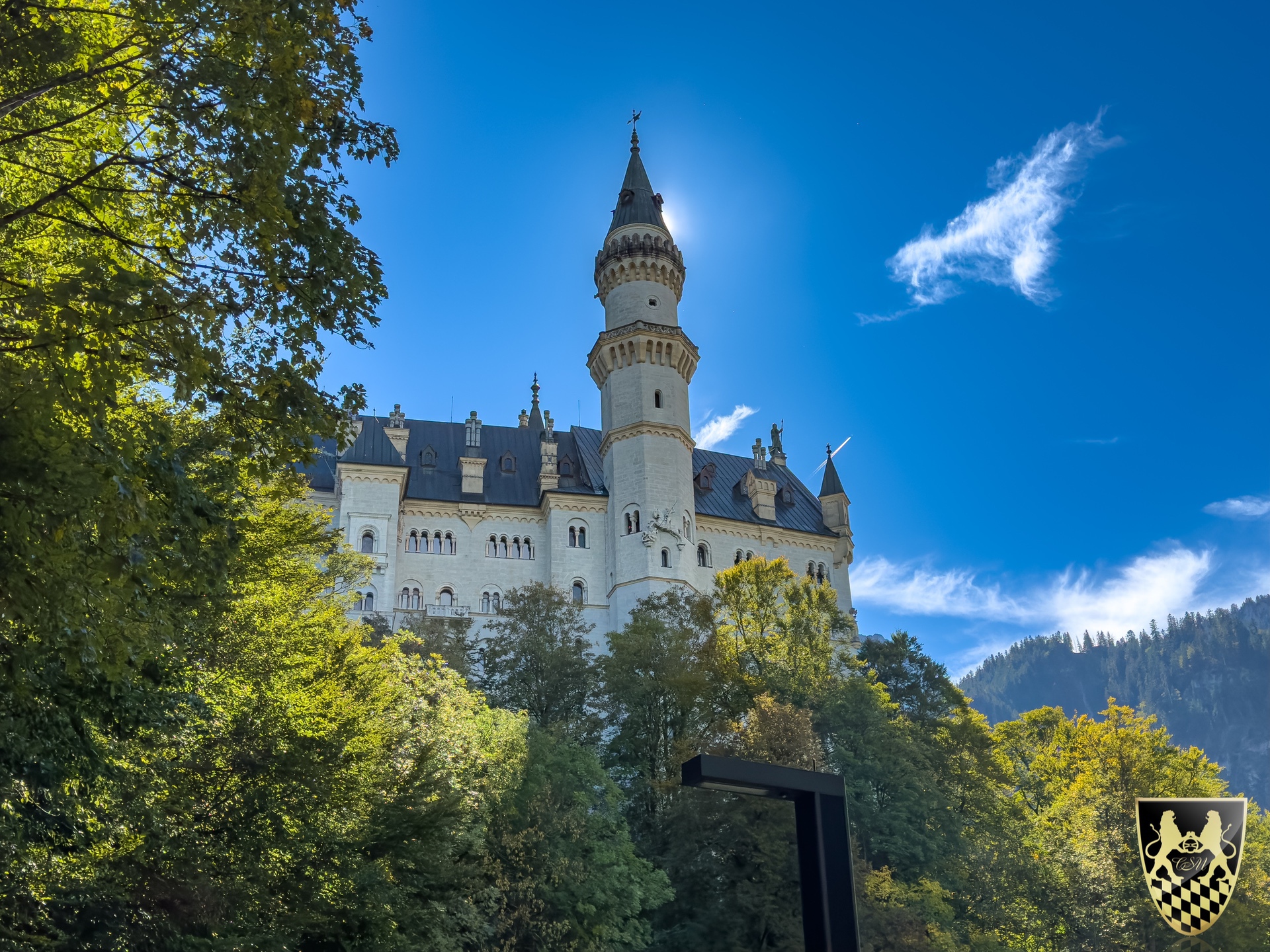 Castle with tall spire behind sunlit trees, blue sky background.
