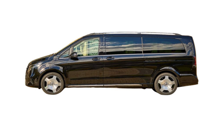 Black minivan with tinted windows, side view on white background.